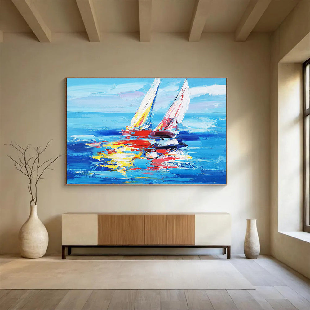 Colorful Sailboats on Blue Sea - Vibrant Coastal Living Room Art DLZ266