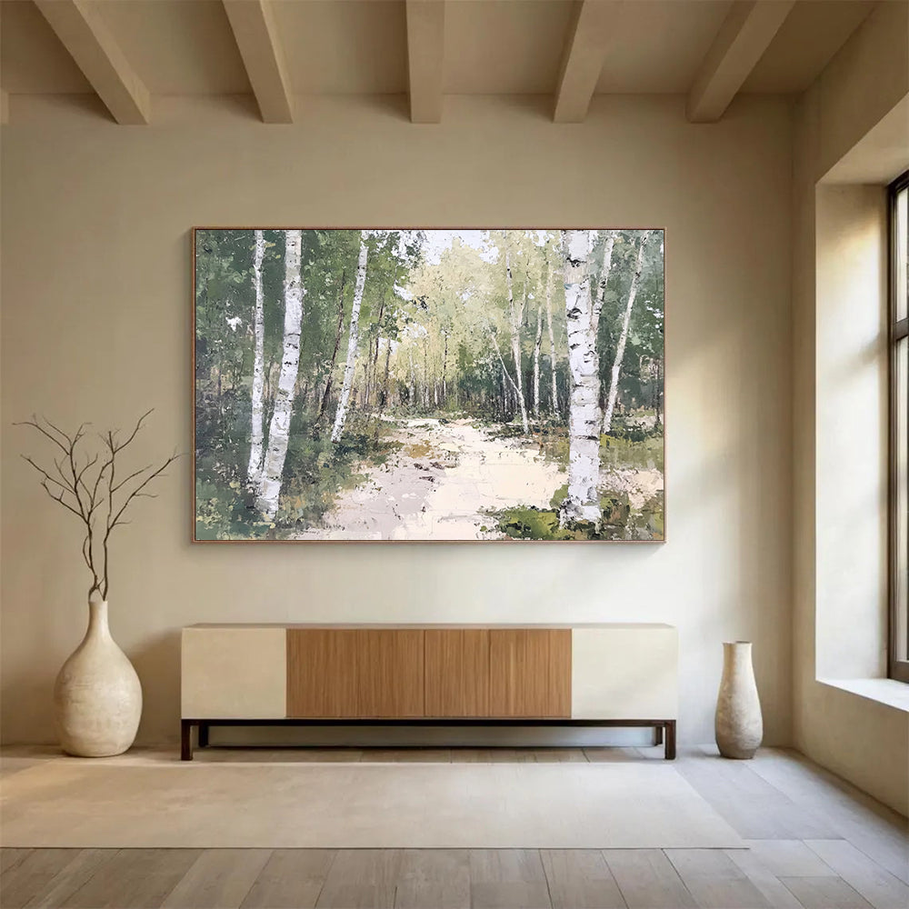 “Birch Forest Path” - Greens, Whites, Earthy Browns, Forest Path - Oil Painting HB1619