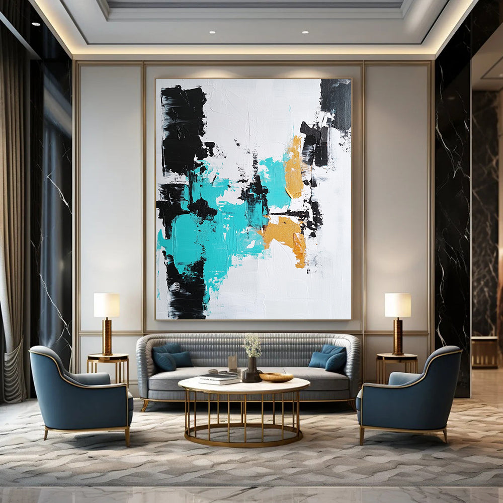 Contemporary hand-painted abstract artwork featuring bold brushstrokes in black, white, and teal, perfect for modern decor. DLZ0819