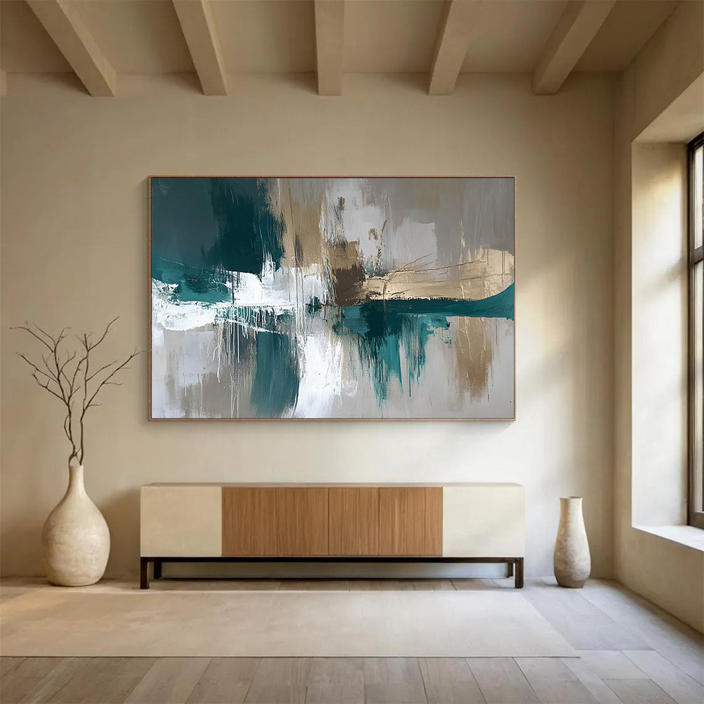 “Teal and Gold Abstract Drip” - Teal, gray, white, gold; Abstract with drip effects and gold accents; Acrylic Painting On Canvas HB1259