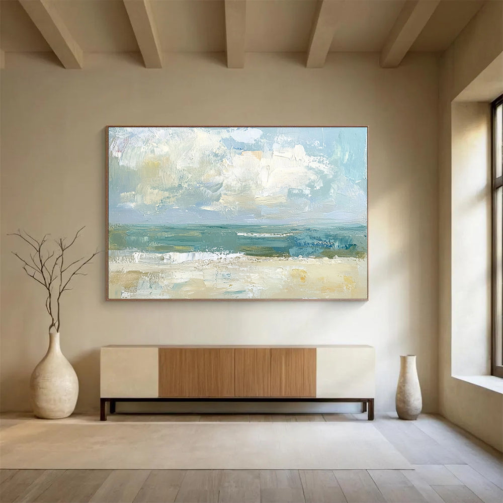 “Abstract Coastal View” - Muted Blues, Greens, Beiges, Textured Beach Scene - Oil Painting HB1613