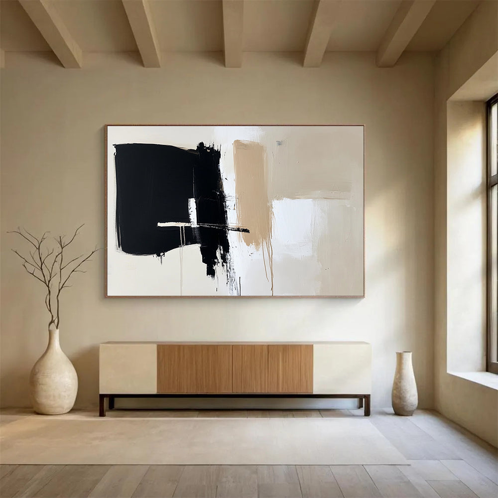 “Black Beige White Minimalist Strokes” - Black, beige, white; Minimalist abstract with bold brushstrokes HB1287
