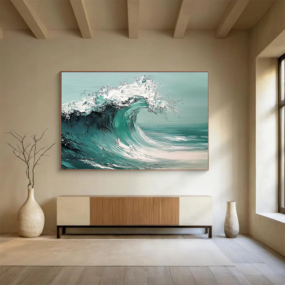 “Dynamic Teal Wave” - Teals, Whites, Greens, Ocean Wave - Palette Knife Oil Painting HB1580