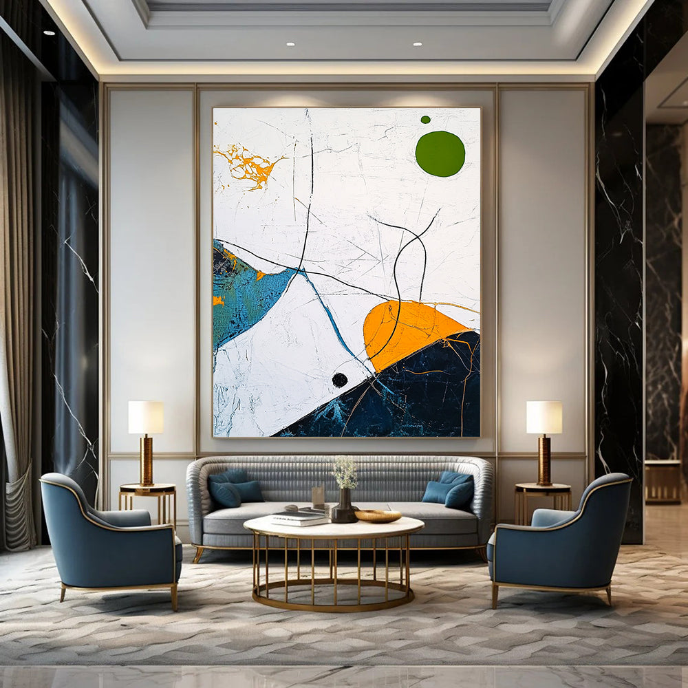 Contemporary abstract artwork featuring a white sky, light blue and dark green lines, a yellow outlined circle, an orange oval, and a green dot. DLZ0609