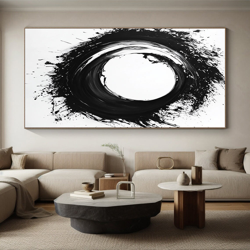 Black Circular Brushstroke on White - “Zen Enso Abstraction” Painting On Canvas HB215