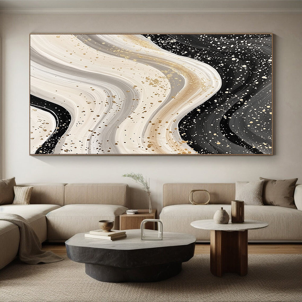 Black, White & Gold Swirling Waves - “Luxe Fluid Motion” Painting On Canvas HB210