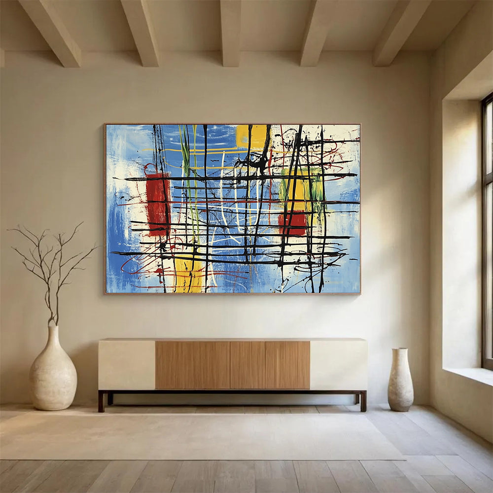 “Colorful Abstract Grid” - Blue, yellow, red, green, Abstract Expressionist Painting HB0641