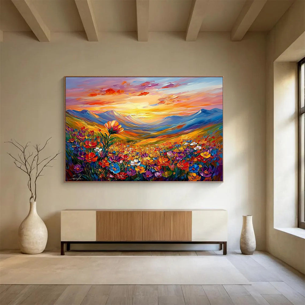 “Sunset Mountain Flower View” - Colorful, Mountains, Flowers, Sunset Painting On Canvas HB0748