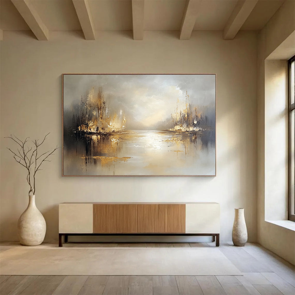 “Misty River with Golden Reflections” - Beige, Gold, Gray, Abstract Serene River Landscape Painting On Canvas HB1094