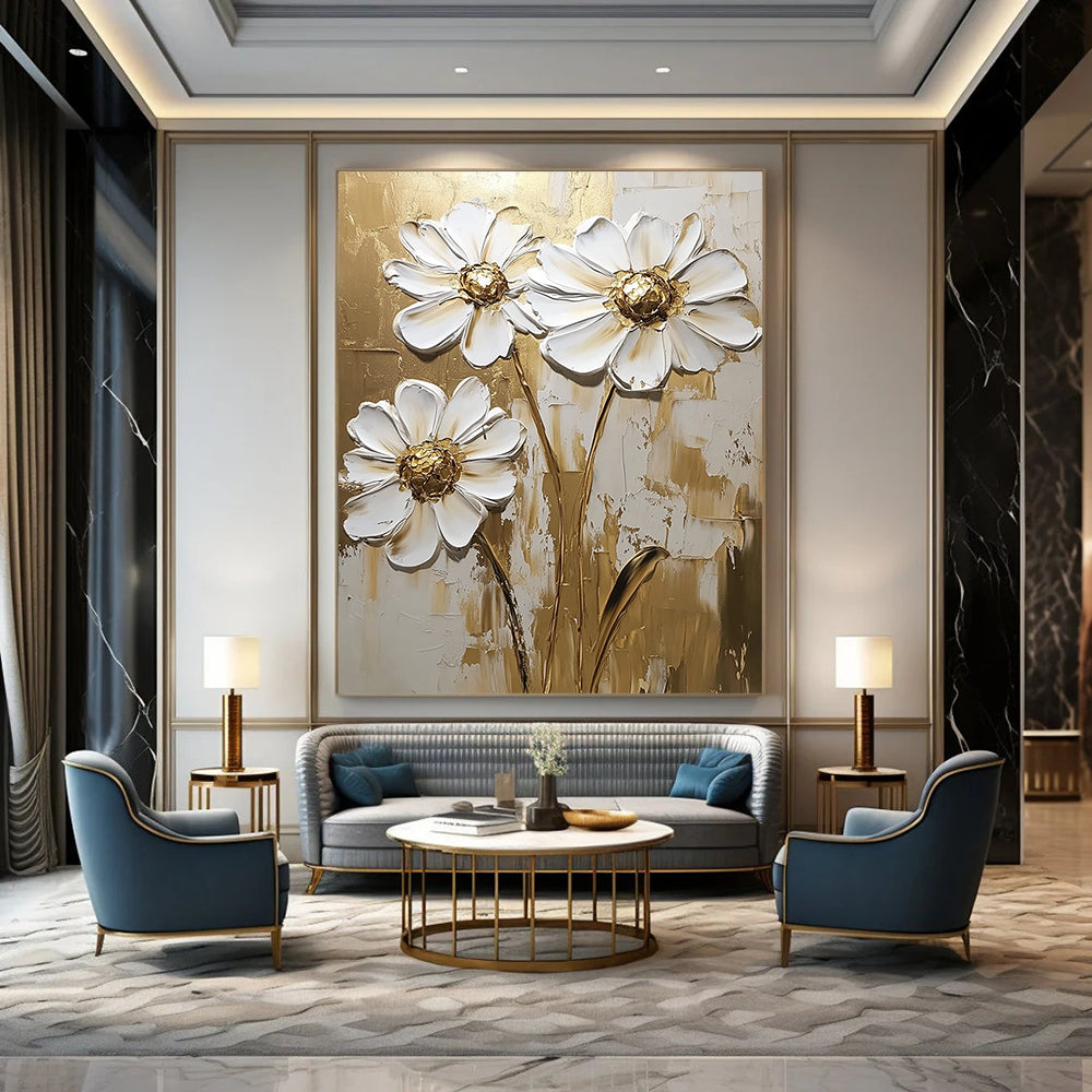 Contemporary hand-painted abstract art featuring white daisy flowers with gold accents on a textured background, perfect for modern decor. DLZ0820