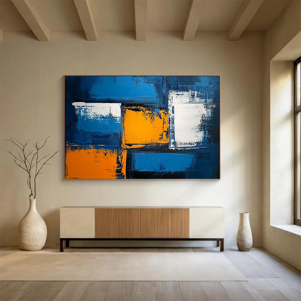 “Vibrant Blue with Orange and White Geometric Accents” - Blue, orange, white; Abstract geometric blocks on a blue background; Acrylic Painting On Canvas HB1230