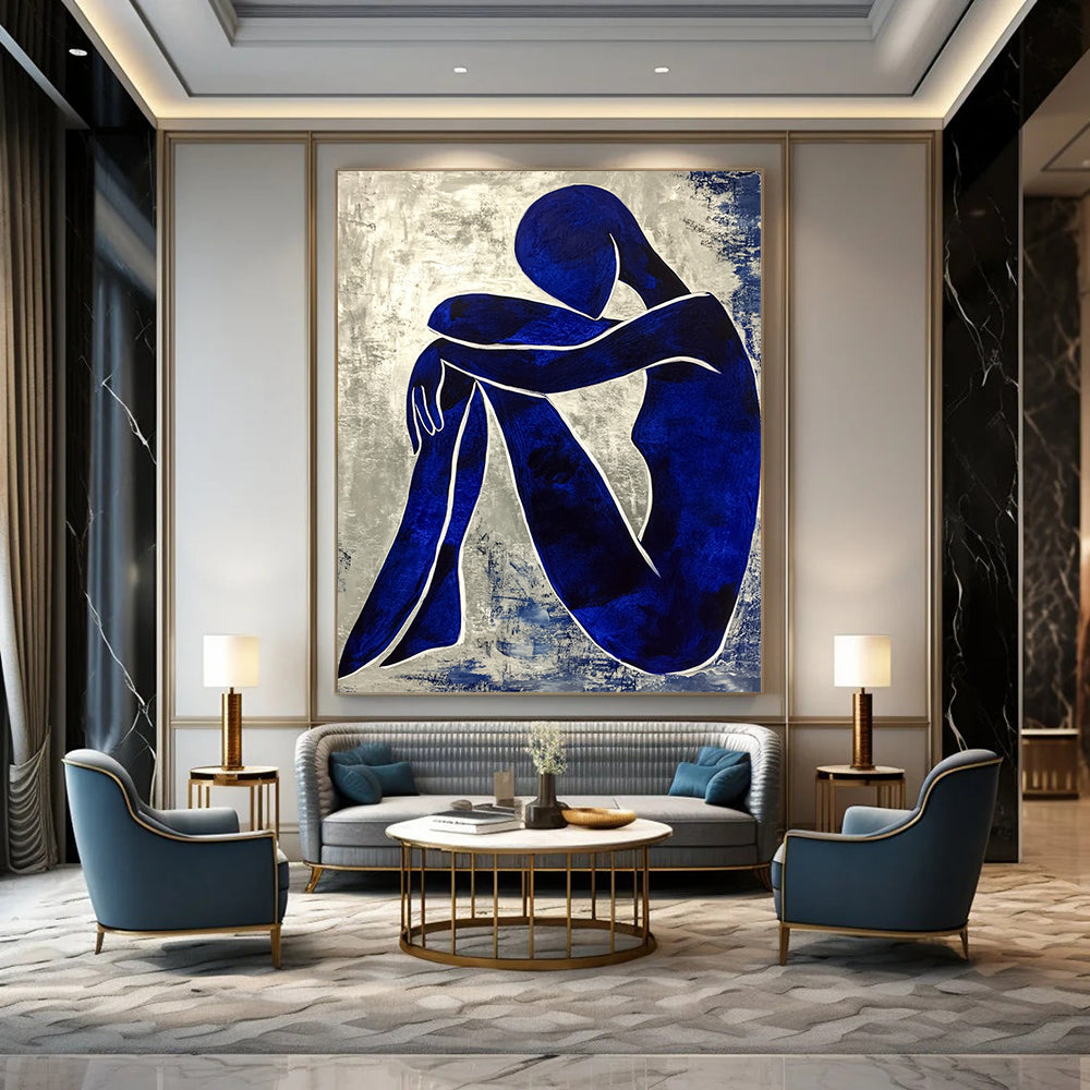 Contemporary abstract painting featuring a textured blue figure with crossed legs and hands on knees enhanced by white contour lines in the style of Matisse. DLZ0361