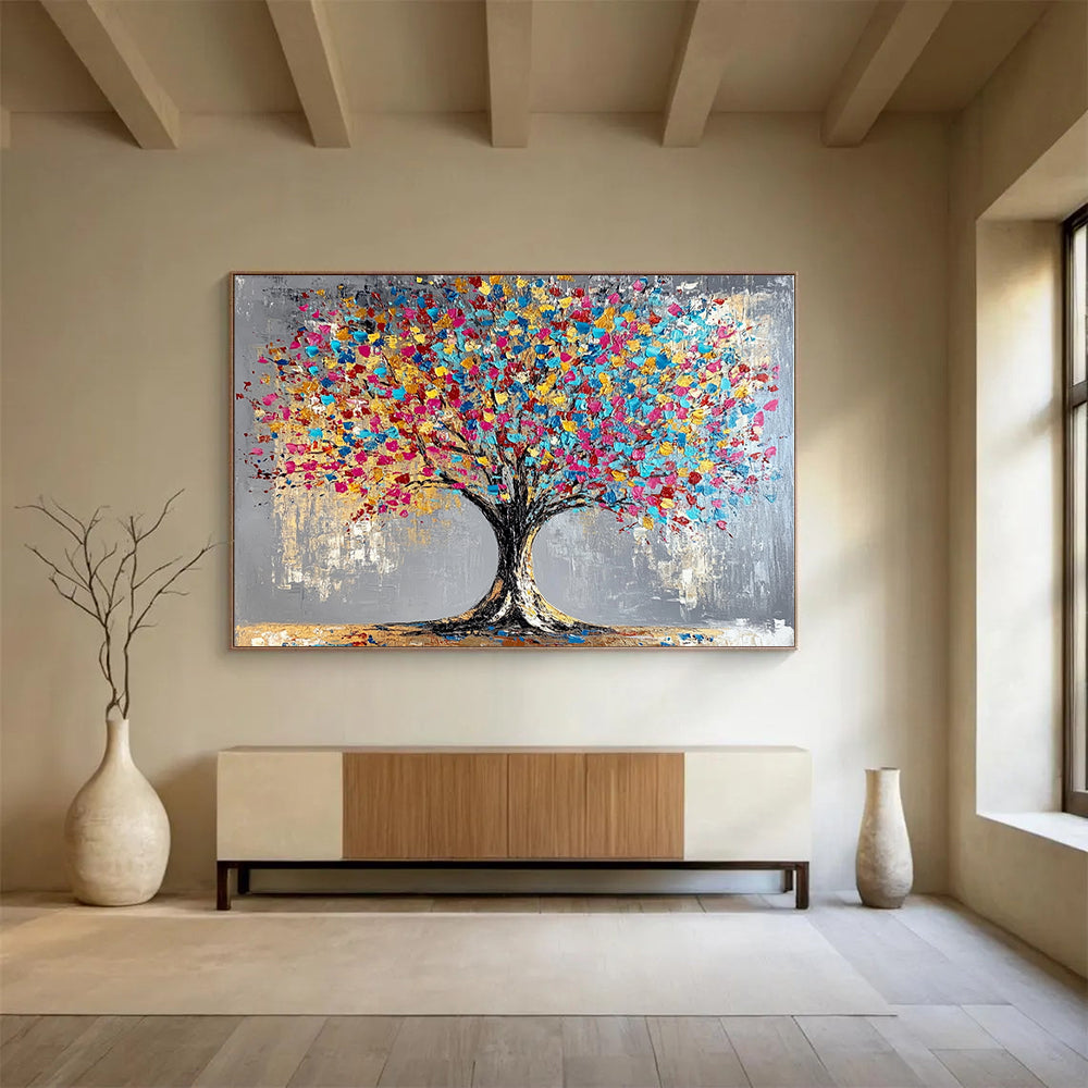 “Rainbow Leaf Tree” - Gray background, vibrant leaves, textured trunk, Abstract Tree Painting On Canvas HB0591