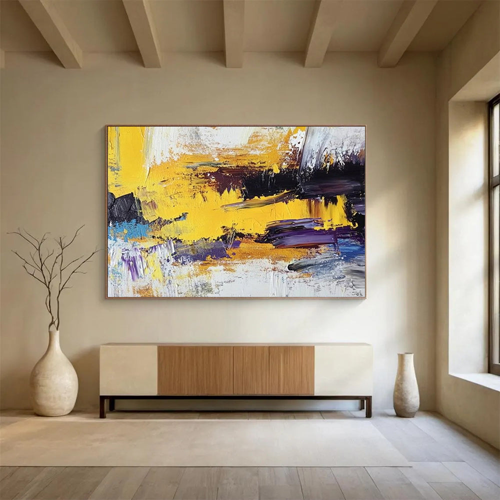 Yellow, Purple, Blue and White Abstract Splashes "Vibrant Energy" Painting On Canvas HB0406