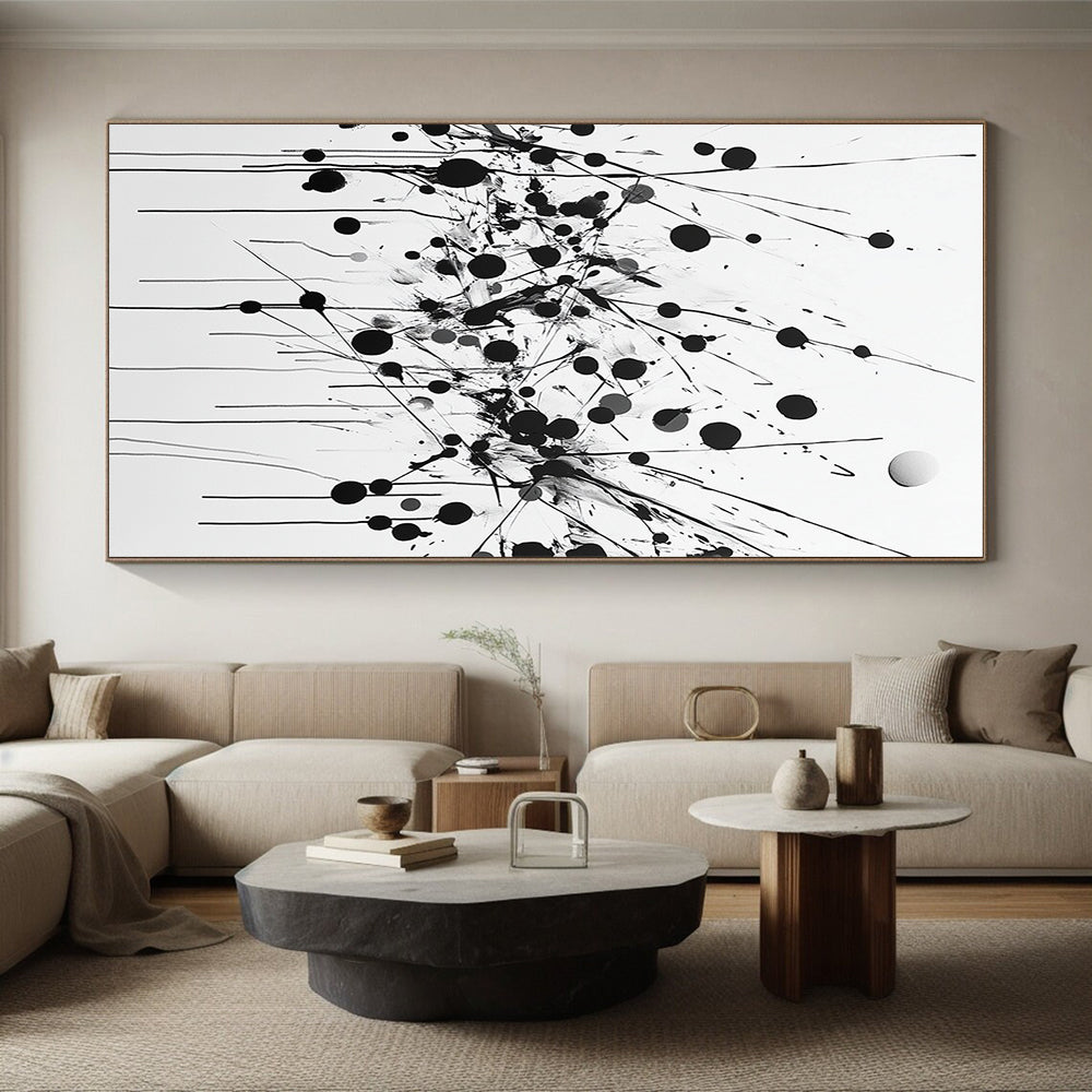 Black Dots, Lines & Splatters on White - “Dynamic Ink Chaos” Painting On Canvas HB224
