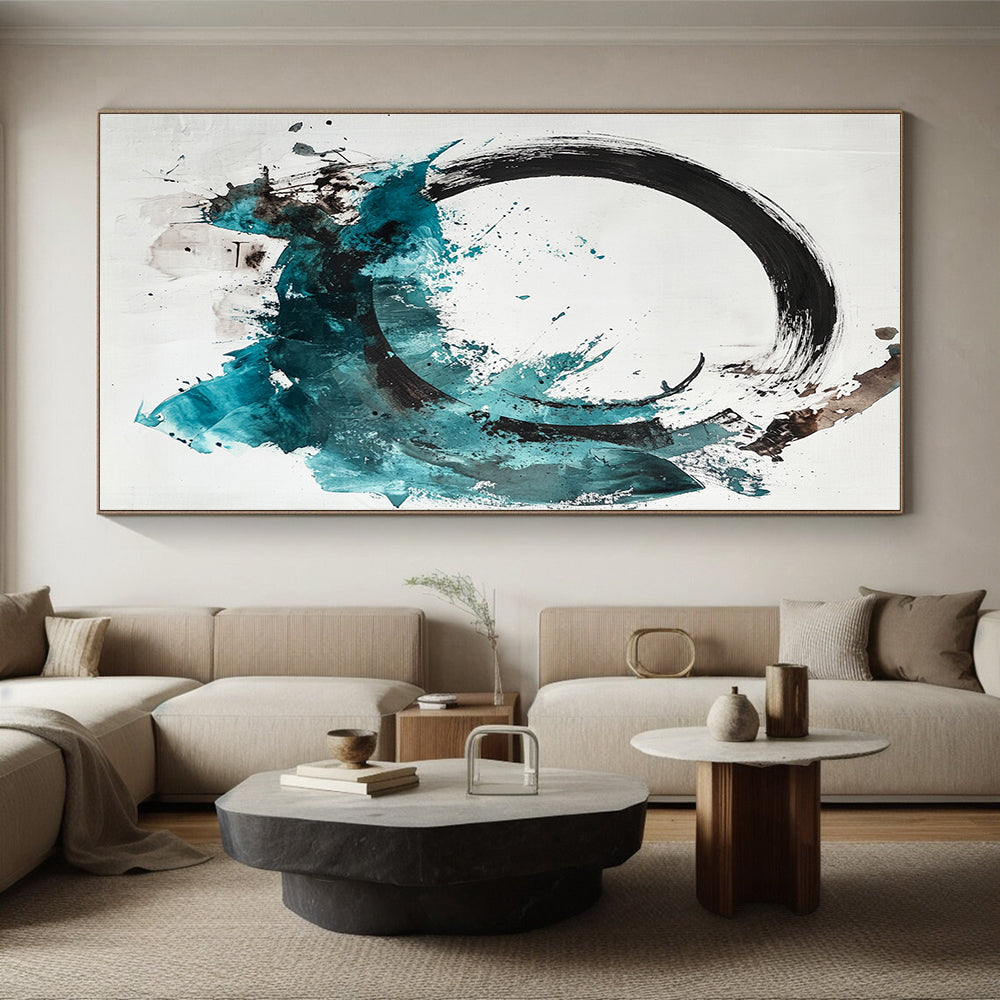 Black, White, Teal, Brown, Splattered Circle "Colorful Enso" Abstract Expressionist Painting On Canvas HB094