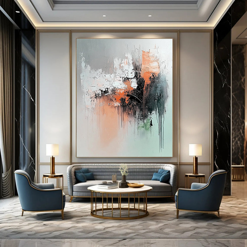 Contemporary abstract painting features soft gray peach and black colors with a serene explosion of dark green rust orange and brown elements. DLZ1054
