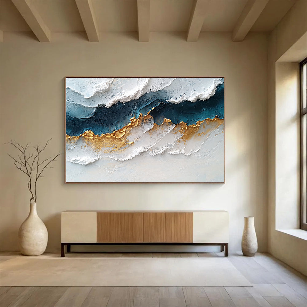 “Elegant Gold - Blue Textures” - White, Blue, Gold, Textured Abstract Painting On Canvas HB0731