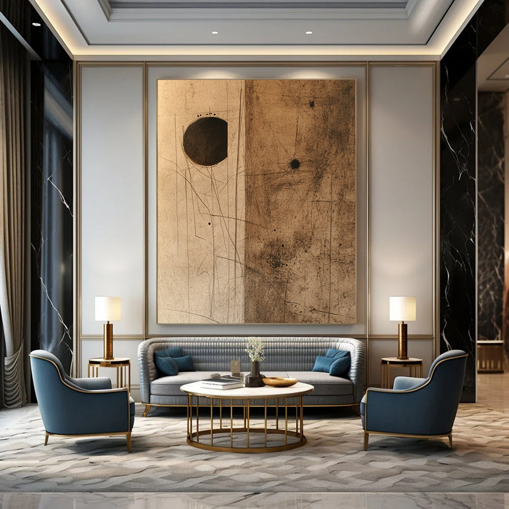 Contemporary hand-painted abstract art features textured brown paper with dark stains and a small hole, complemented by a striking cardboard piece. DLZ1089