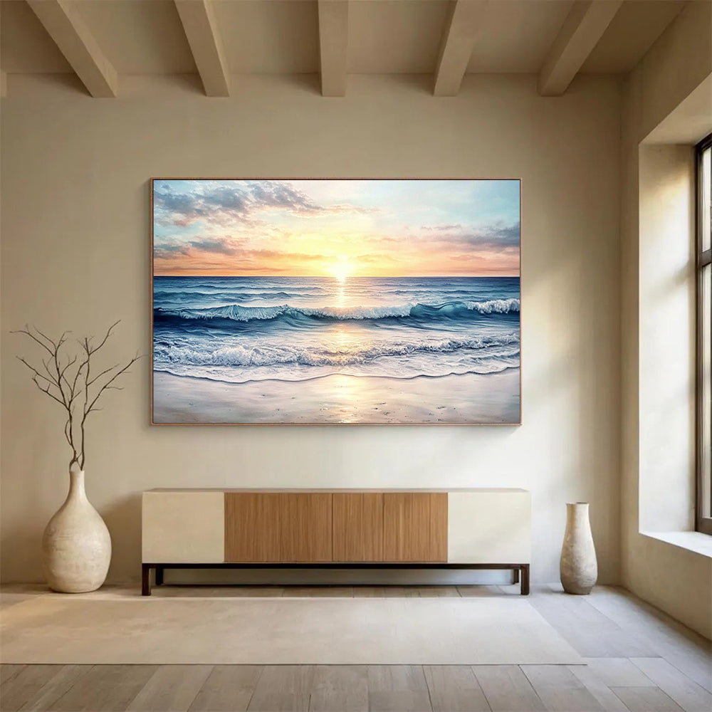 “Sunset Ocean Waves” - Orange, Pink, Blue, Realistic Seaside Oil On Canvas HB0700