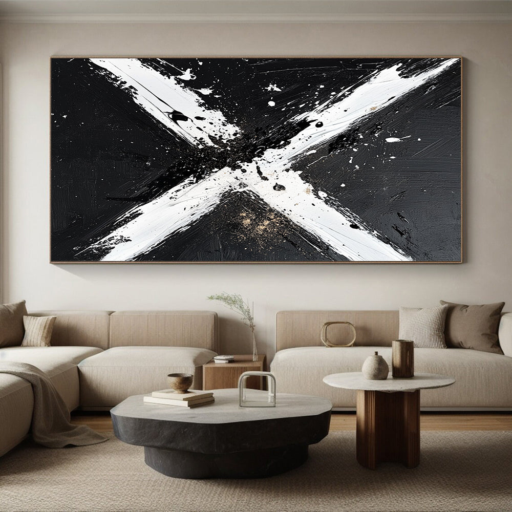 Black, White and Gold Abstract "Dynamic X" Painting On Canvas HB403