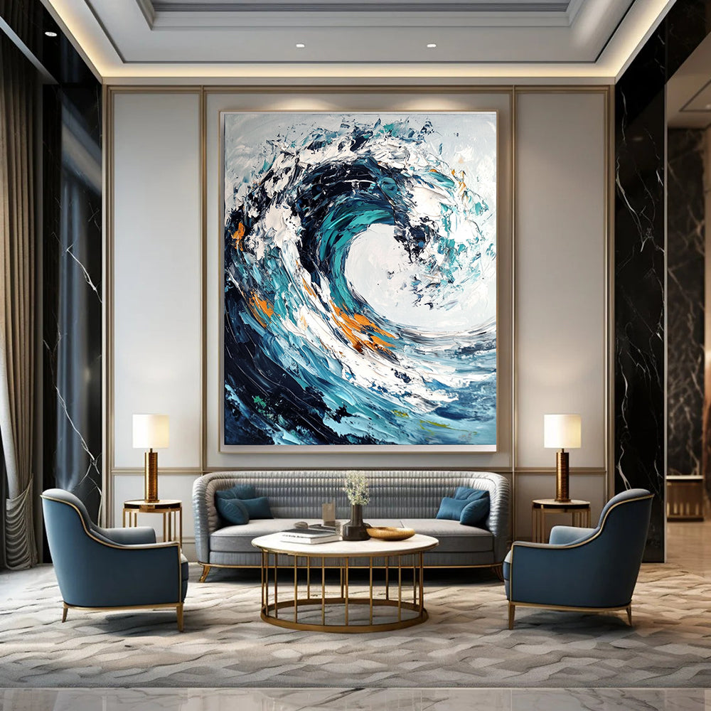 Contemporary abstract painting showcasing ocean wave with impasto brush strokes and palette knife in dark blue and teal swirls on white background. DLZ0580