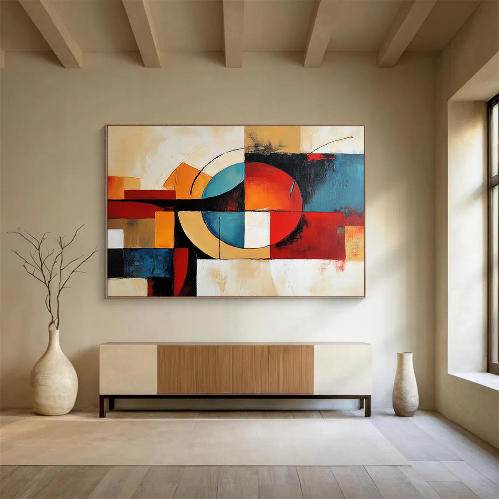 “Geometric Abstract Composition” - Red, blue, orange, beige, white; Geometric abstract shapes and lines; Acrylic Painting On Canvas HB1241