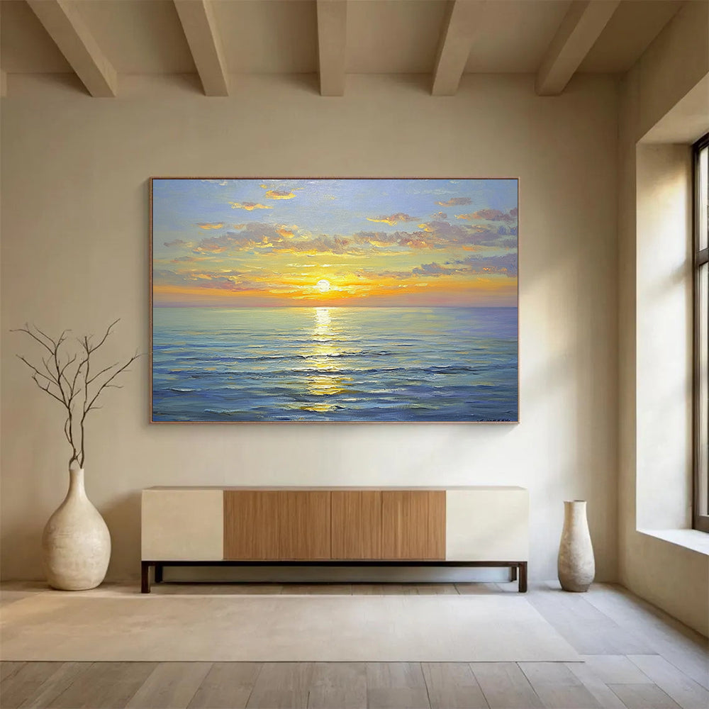 “Sunny Sea Sunset” - Bright Yellows, Oranges, Pinks, Blues, Colorful Ocean Sunset - Oil Painting HB1610