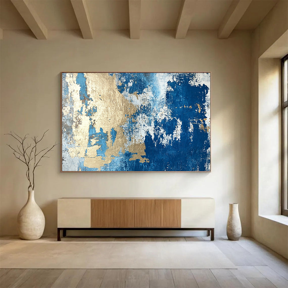“Textured Gold - Blue Abstract Fusion” - Gold, Blue, Gray, White, Textured Layers Painting On Canvas HB0819