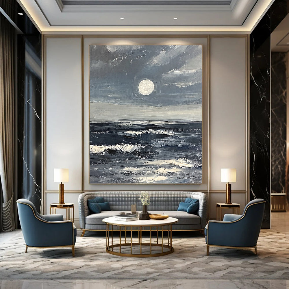 Large contemporary abstract artwork featuring a minimalist moonrise over a stormy ocean in gray and white with thick impasto brush strokes. DLZ1110