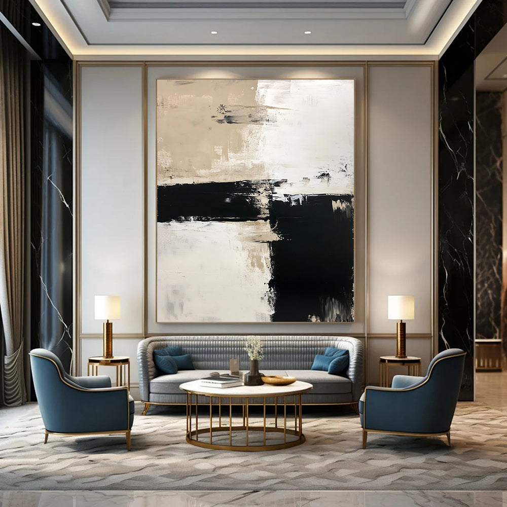 Contemporary hand-painted abstract art features a harmonious blend of white, beige, and black tones in acrylic paint for a modern aesthetic. DLZ0270
