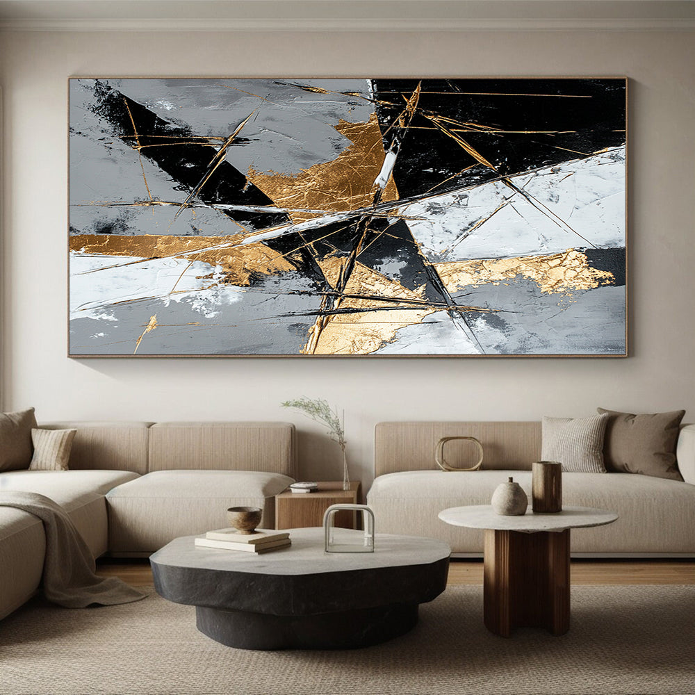 Gray, Black, White, Gold, Geometric Shards "Golden Fragment" Abstract Modernist Painting On Canvas HB073