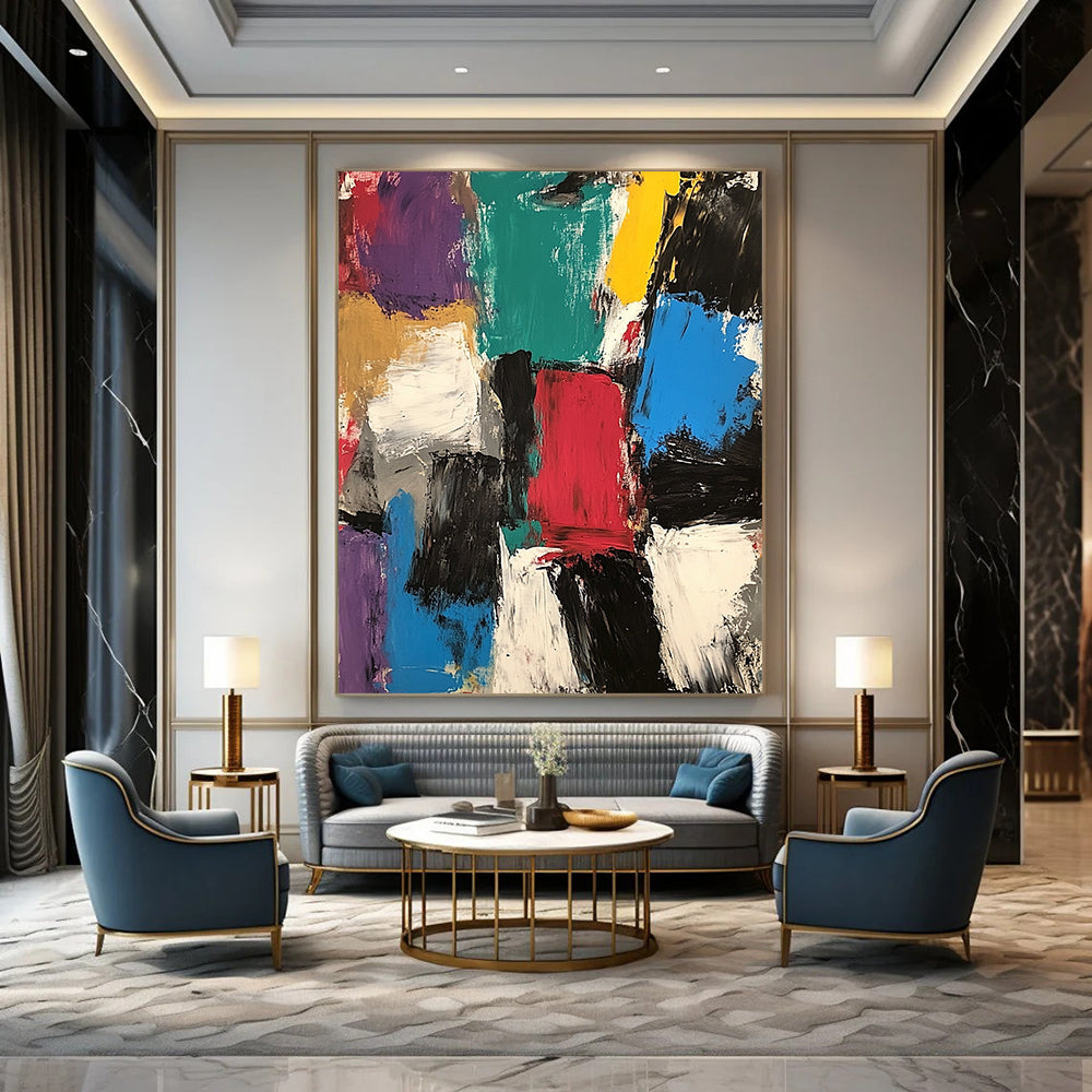 Large contemporary hand-painted abstract artwork featuring thick brush strokes and mixed media in vibrant colors, inspired by Jean Dubuffet's expressive style. DLZ0934
