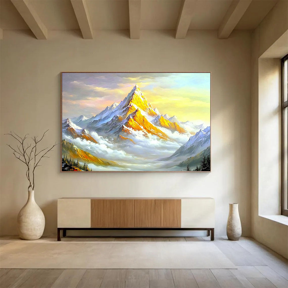 “Sunlit Golden Mountain” - Gold, White, Blue, Colorful Mountain Scene - Oil Painting HB1649