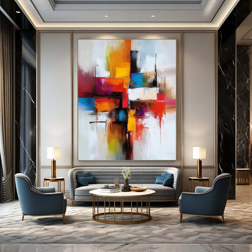 Contemporary hand-painted abstract artwork featuring vibrant reds and oranges with a central cross and dynamic geometric shapes expressing energy and fluidity. DLZ0677