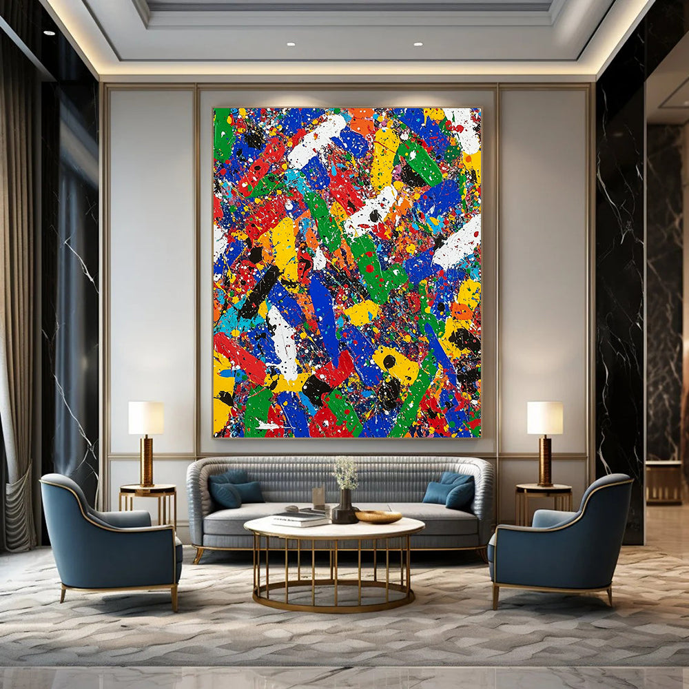 Contemporary hand-painted abstract art filled with vibrant colors and dynamic shapes evoking emotions of excitement and nostalgia in a captivating landscape. DLZ1176
