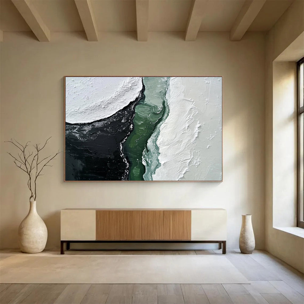 “Contrast of Textured Shapes” - White, Black, Green, Textured Abstract Painting On Canvas HB0732