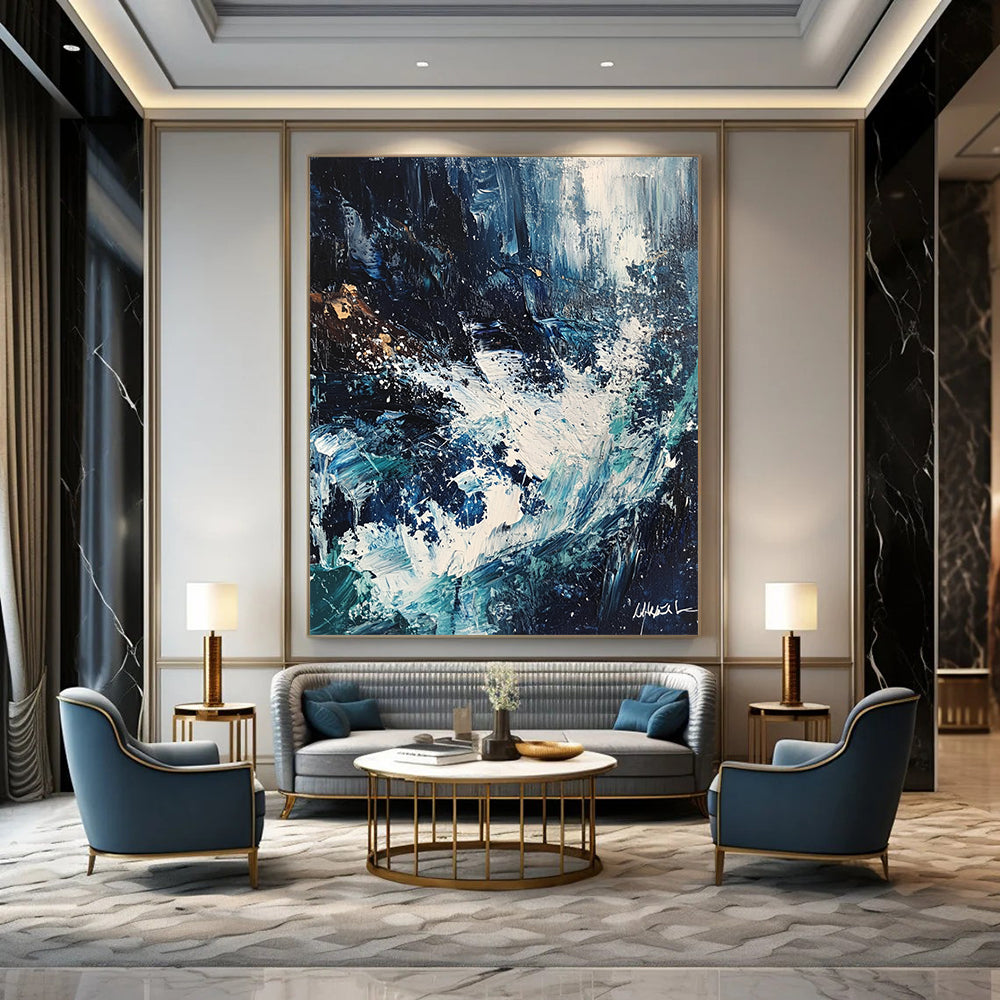 Contemporary abstract painting featuring crashing waves in white and blue hues with dark tones expressive brush strokes and palette knife textures. DLZ0617