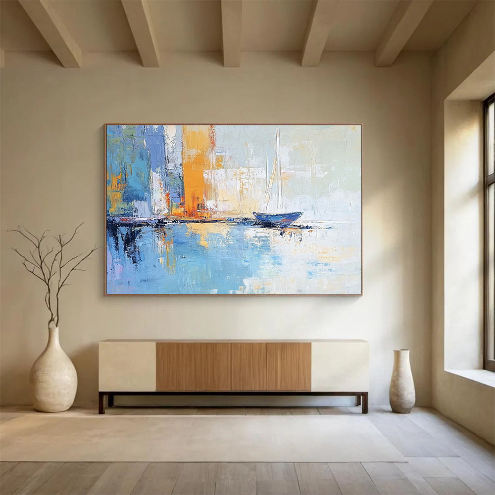 “Harbor Serenity” - Blues, oranges, yellows; Sailboat by abstract city harbor; Impasto Oil Painting On Canvas HB1176