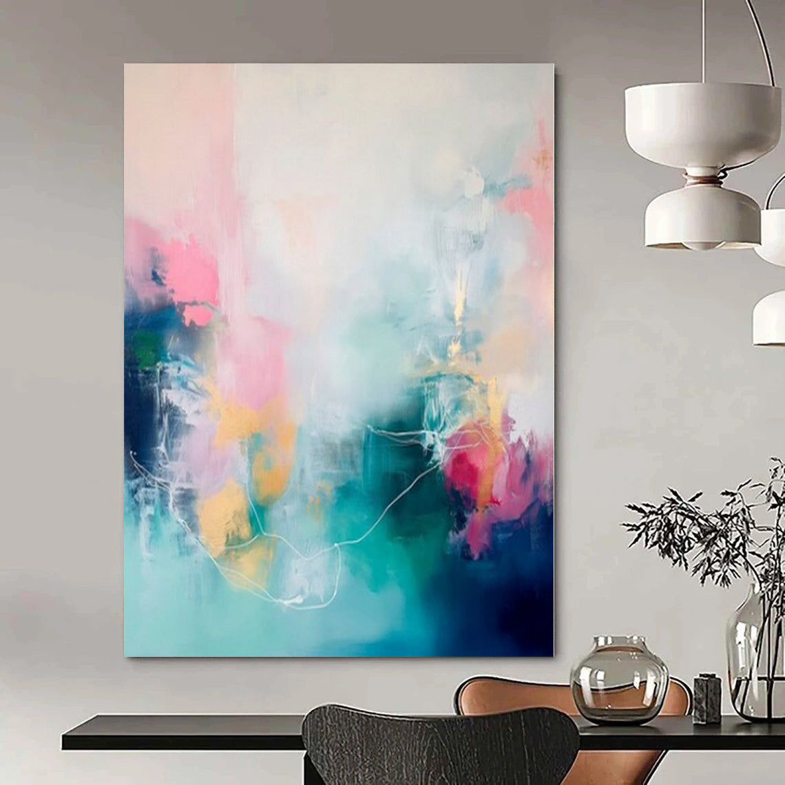 Oversized Hand-Painted Modern Abstract Mural for Dining Room Wine Cellar Areas