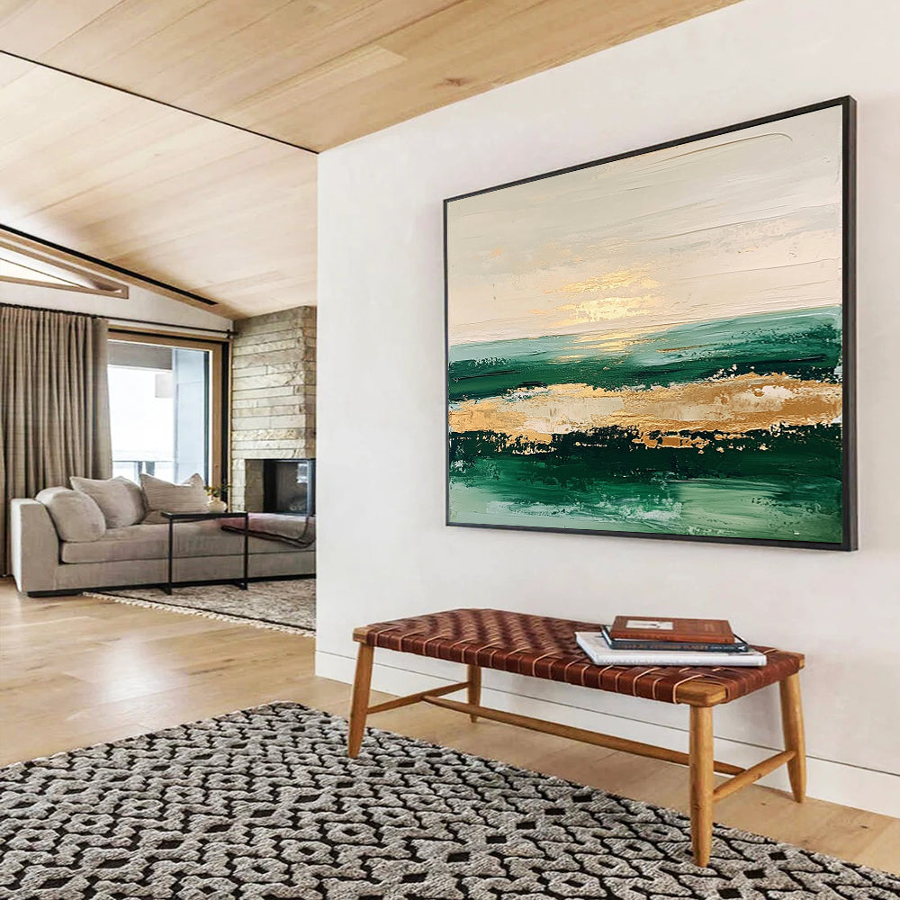 “Golden Sunset Seaview” - Green, Gold, Beige, Abstract Coastal Sunset Painting On Canvas HB1086