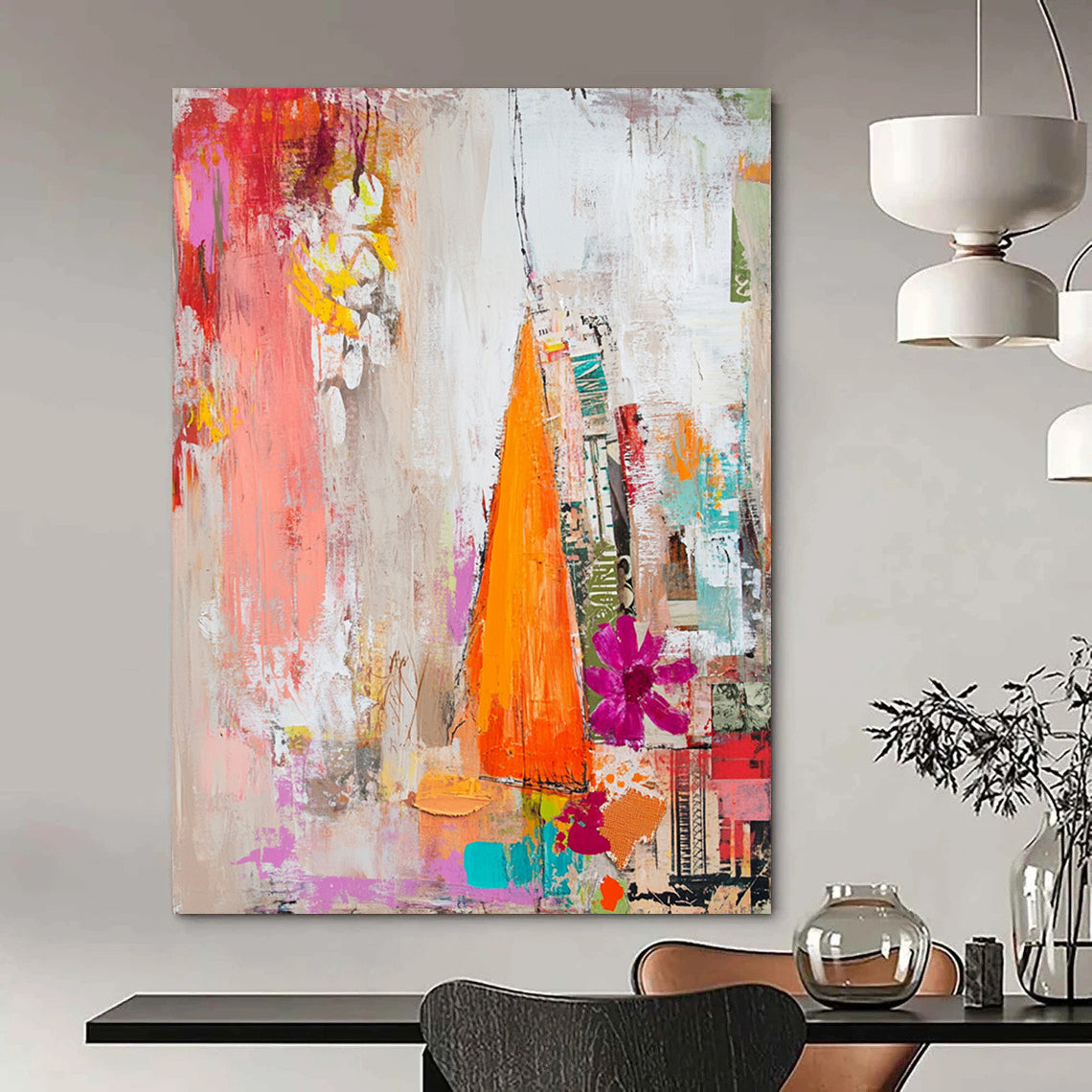 Contemporary abstract painting featuring textured brushstrokes of white reds pinks oranges and yellows with a dreamy collage of floral magazine clippings. DLZ1274