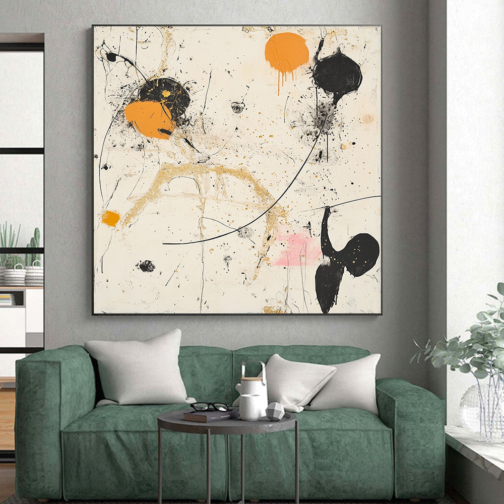 Black, White, Orange, Gold, Splattered Shapes "Chaotic Cosmos" Abstract Expressionist Painting On Canvas HB101
