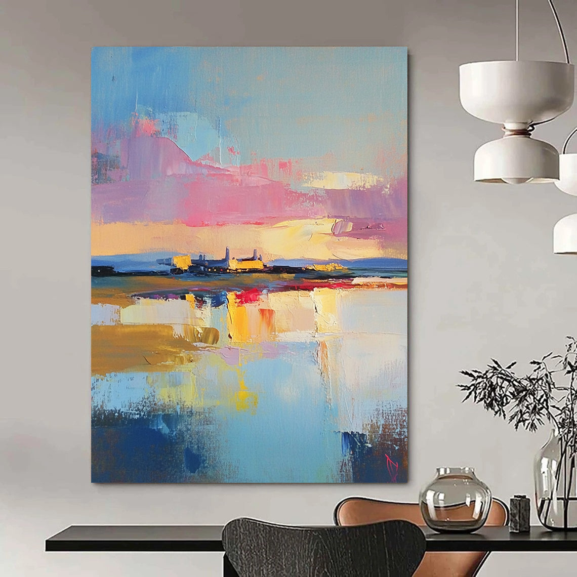 Contemporary abstract painting showcasing a dreamy oil-painted sky above an RAF base with vibrant scripted colors reflecting on water below. DLZ0660