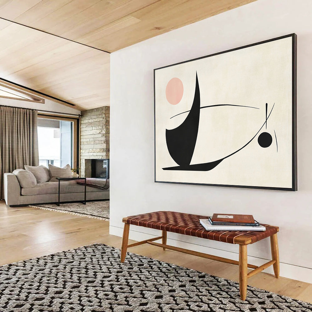 “Abstract Black - Pink Shapes” - Black, pink, and curved lines, Abstract Geometric Painting On Canvas HB0548