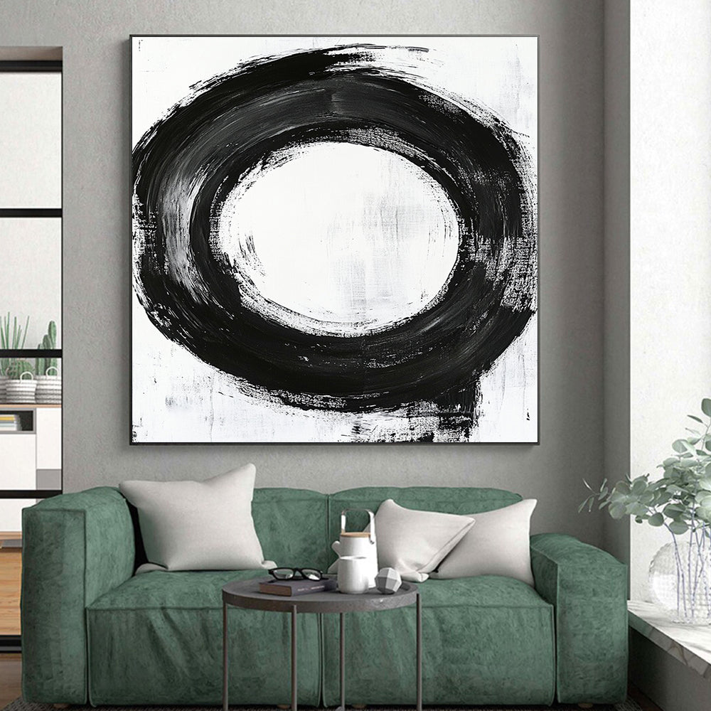 Black, White, Refined Circular Stroke "Pure Enso" Abstract Minimalist Painting On Canvas HB045