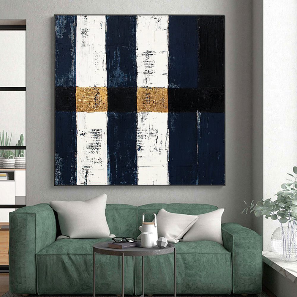Navy, White, Gold, Black, Vertical Stripes "Nautical Gilded Stripes" Abstract Coastal - Inspired Painting On Canvas HB153