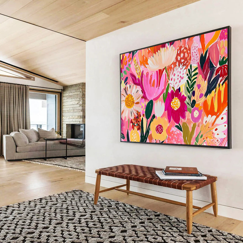 “Pink - Hued Floral Carnival” - Bright Pinks, Oranges, Yellows, Playful Flower Explosion - Contemporary Acrylic Painting HB1725
