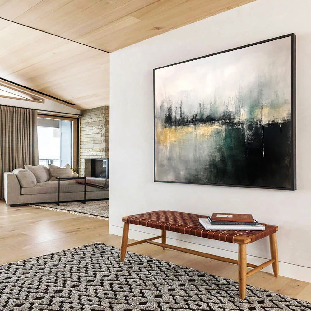 “Gray - Green Abstract Cityscape” - Gray, Green, Abstract Cityscape Painting On Canvas HB1112