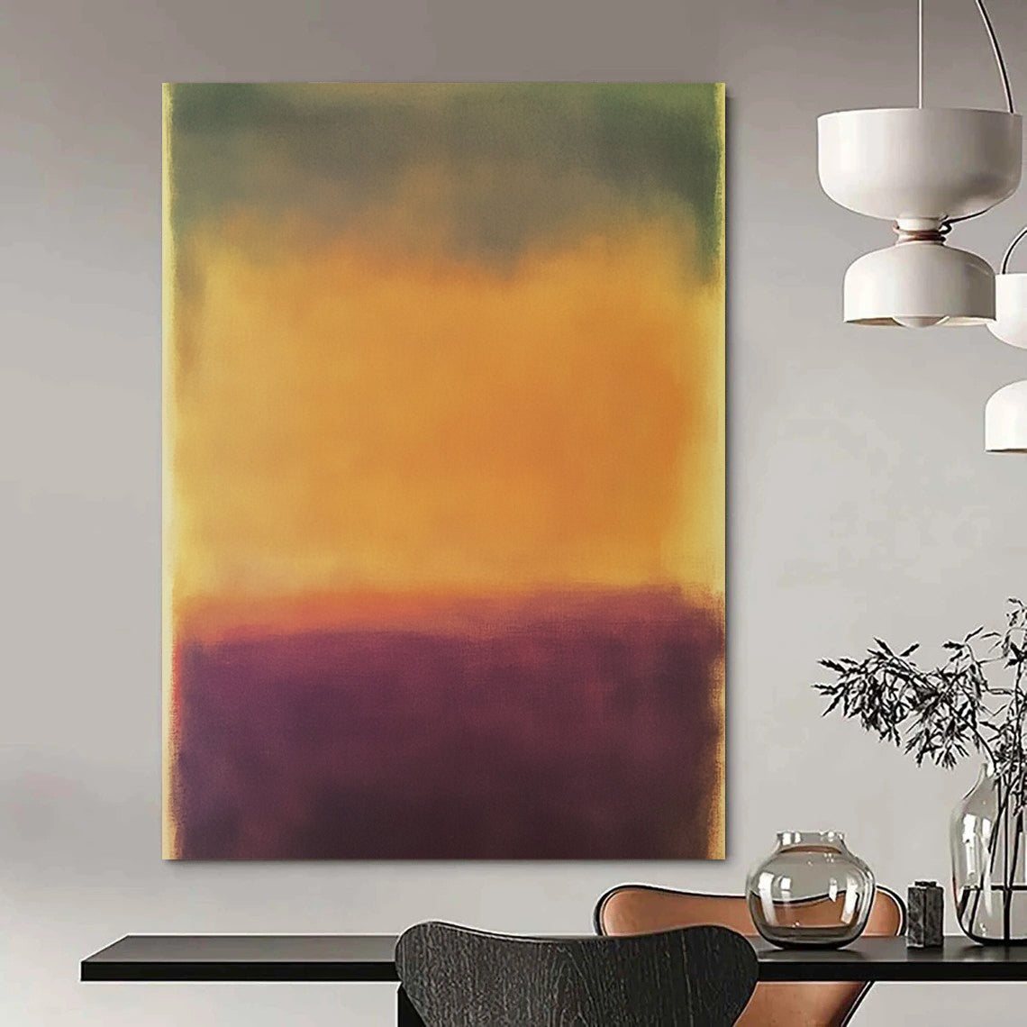 Contemporary hand-painted abstract artwork featuring a serene blurred landscape in earthy tones with a calming purple and vibrant yellow-orange sky. DLZ1389